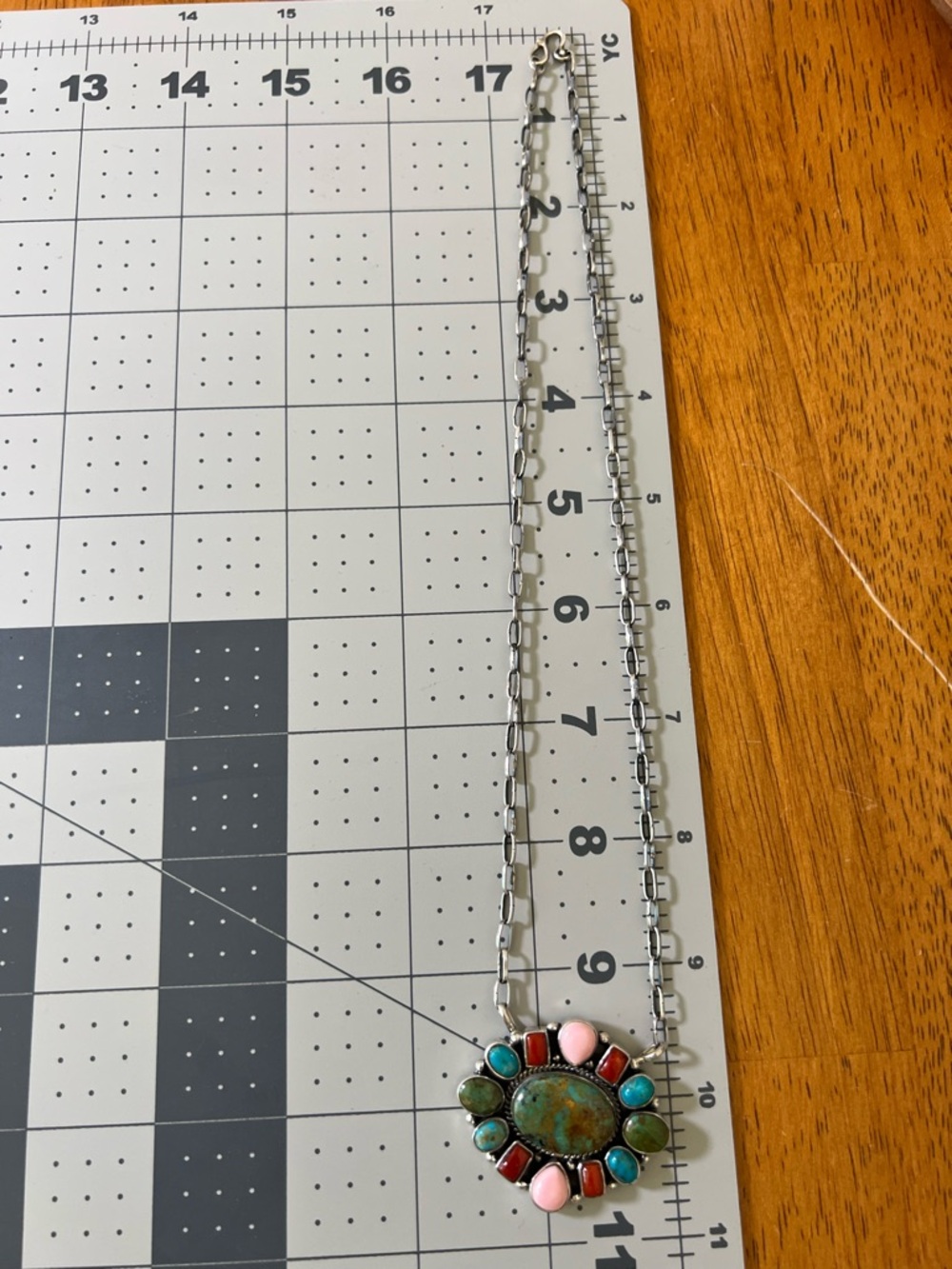 925 Sterling Silver Multi Stone Cluster Necklace Turquoise, Pink Conch, Coral - Picture 10 of 13